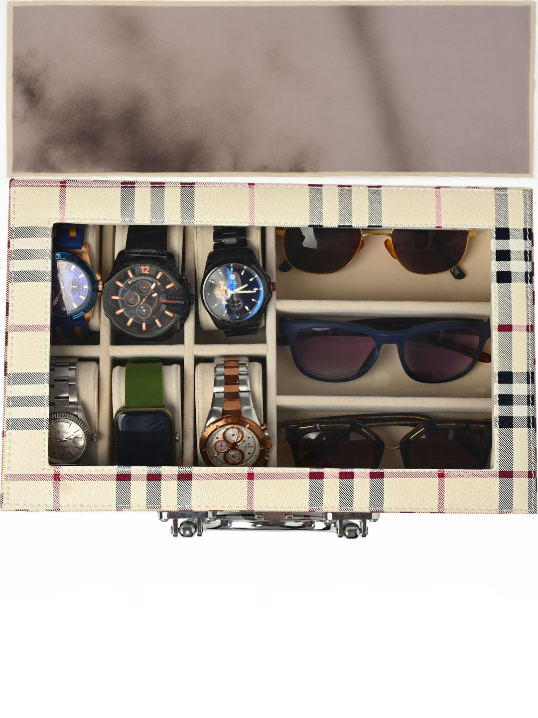 Fonsie Checked 3  Slots Watch and 3 sunglass Organiser