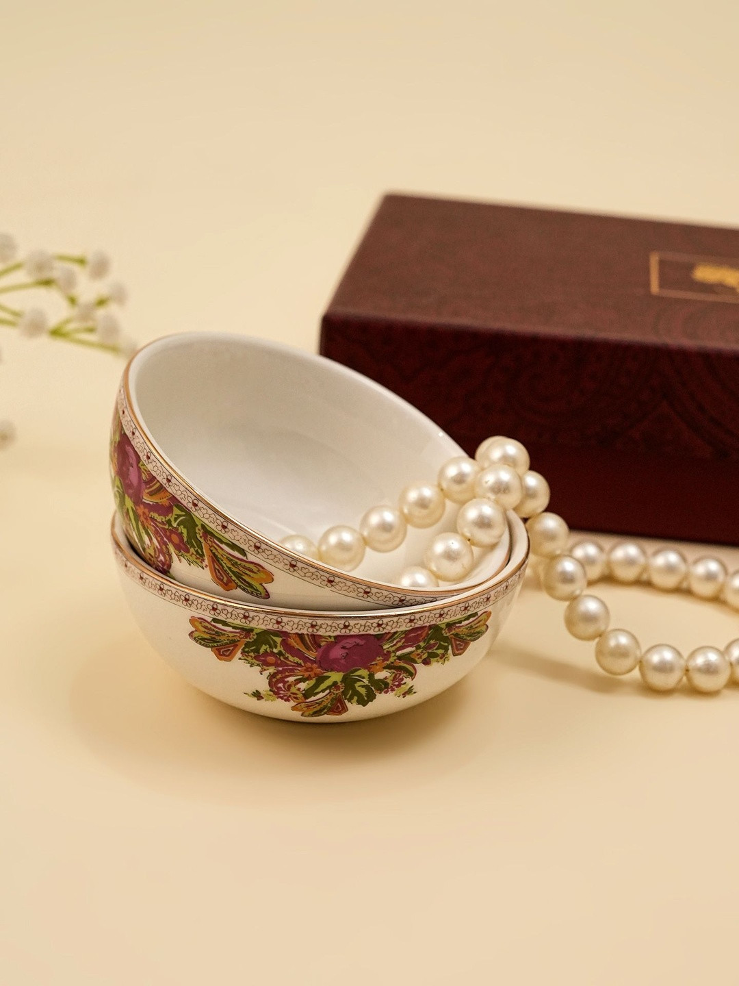 Ritu Kumar White & Red 2 Pieces Floral Printed 24K Gold Pleated Glossy Dip Bowls- 100 ml