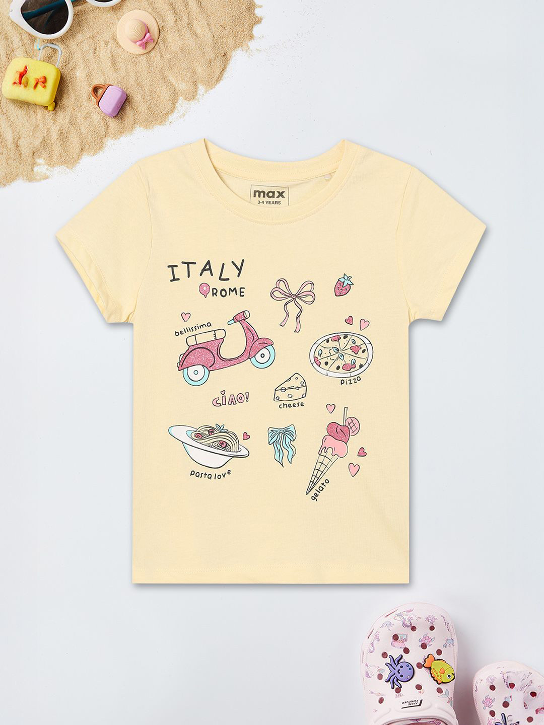 max Girls Yellow Printed Cotton T-shirt
