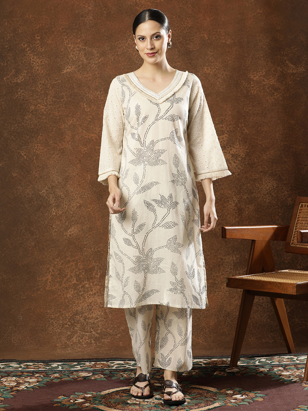 Anouk Women Cotton Printed Mirror Work Kurta & Palazzo Set
