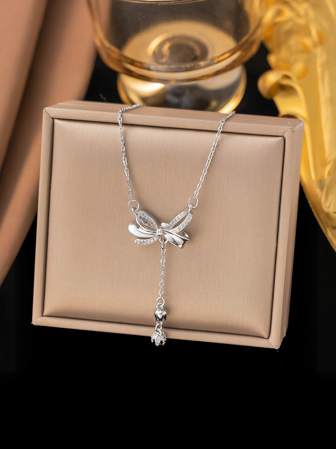 MYKI Silver-Plated Bow Pendants & Chains with Dangling Charm