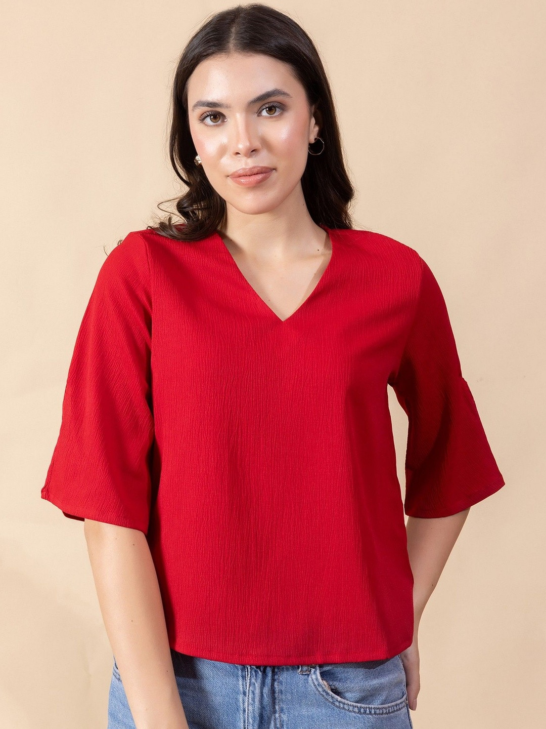 Masami Women Snake Crepe Solid Red Top