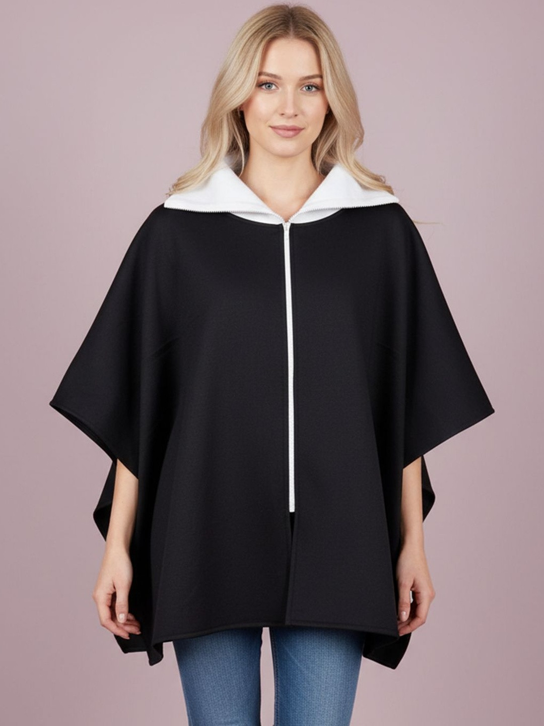 Qurvii Wide Collar Longline Three-Quarter Sleeves Fleece Cape Jacket