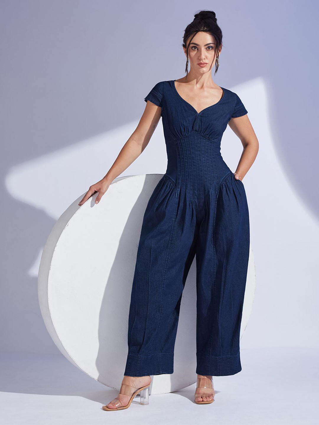 Miss Chase Women Sweetheart Neck Cap Sleeve Pin Tucked Dhoti Style Denim Jumpsuit