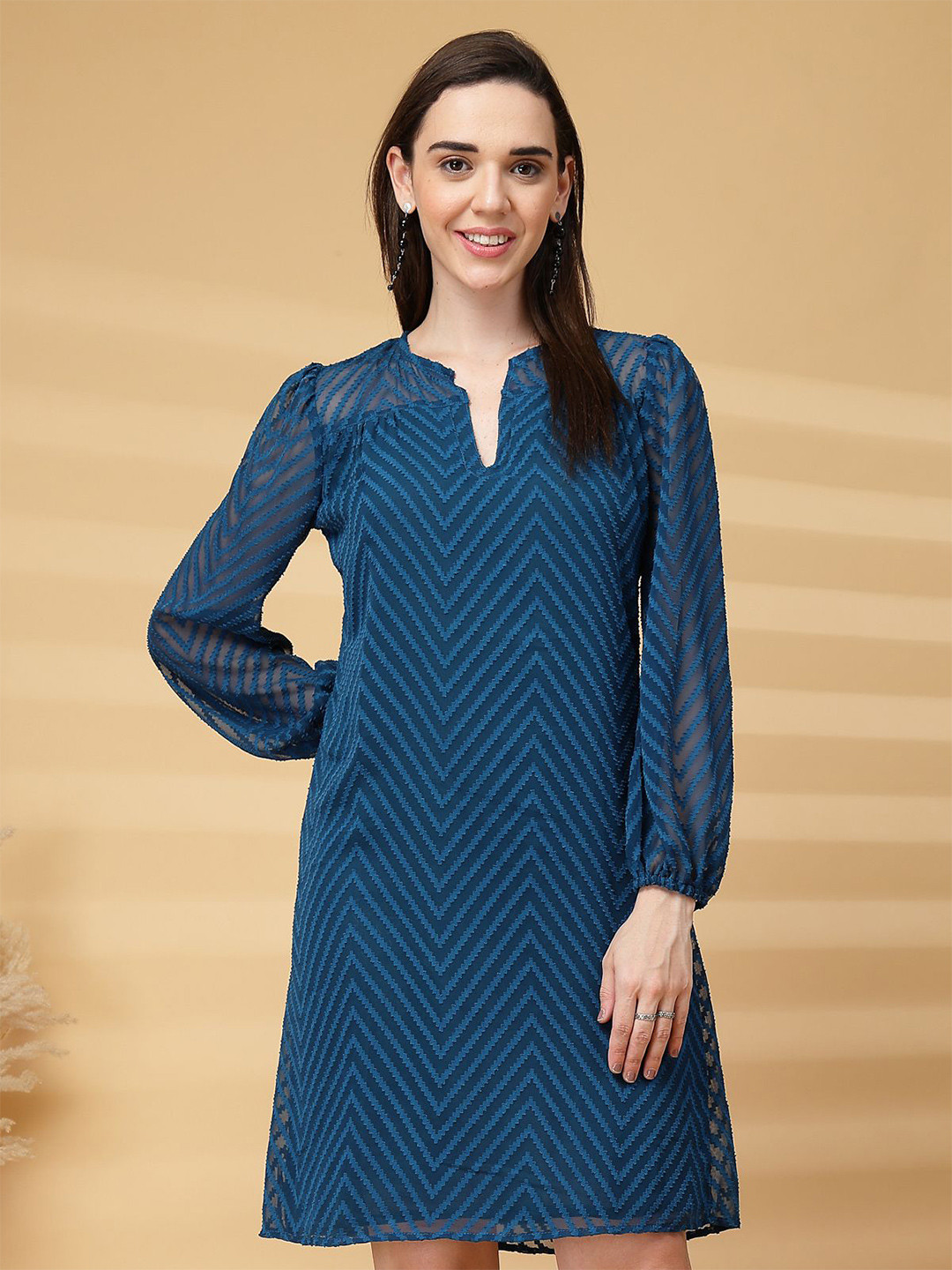 KALINI Women Self Design V-Neck Full Sleeve A-Line Dress
