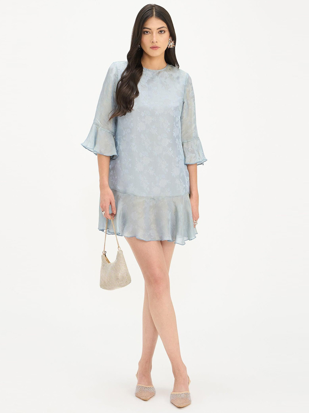 Virgio Women Self Design Viscose Round Neck Three-Quarter Sleeves Dresses