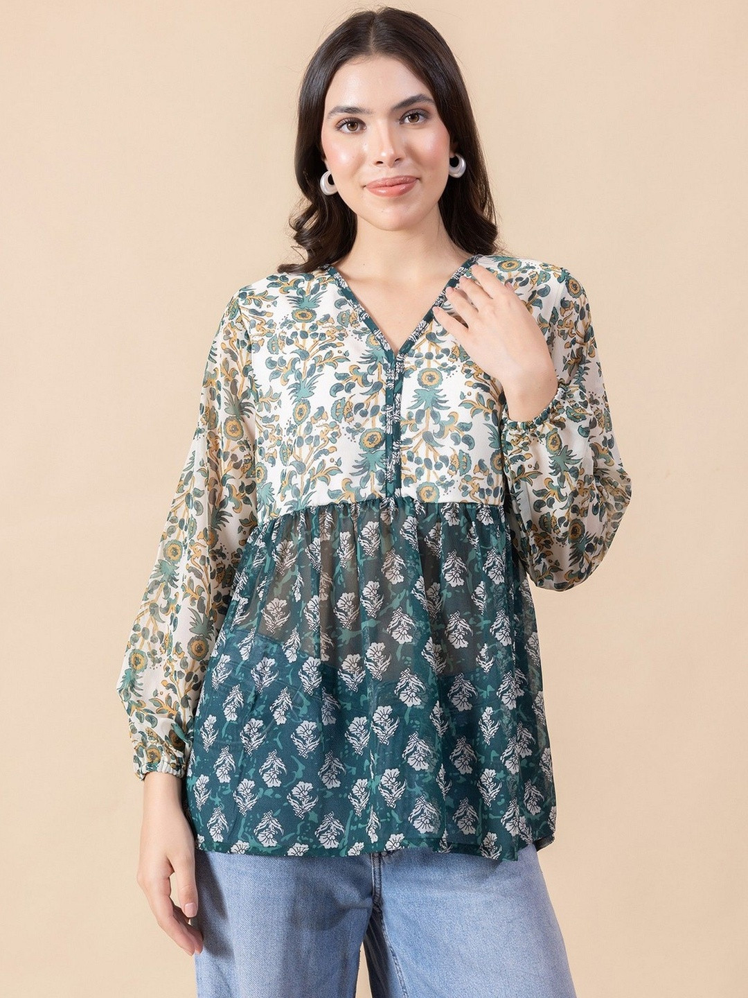 Masami Women Poly Georgette Floral Green Top