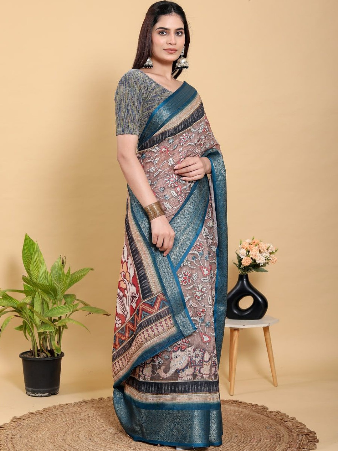 GOHILL ENTERPRISE Ethnic Motifs Pure Linen Handloom Saree