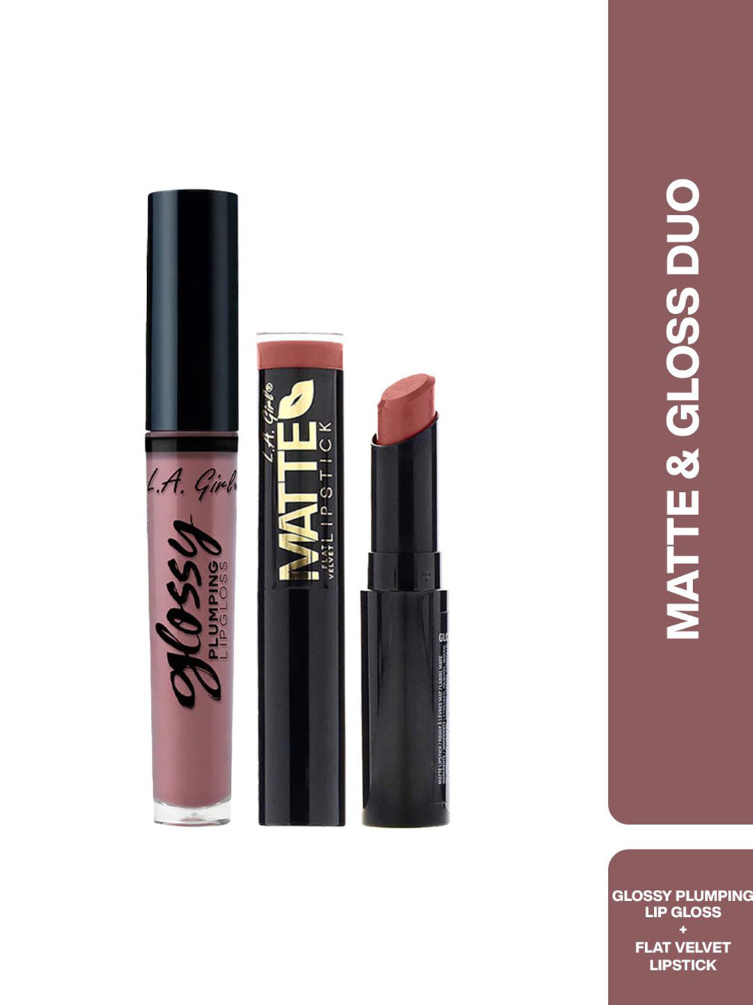 L.A. Girl Set Of 2 Glossy Lip Gloss- 5 ml- Flirty & Flat Velvet Lipstick- 3 g- Snuggle