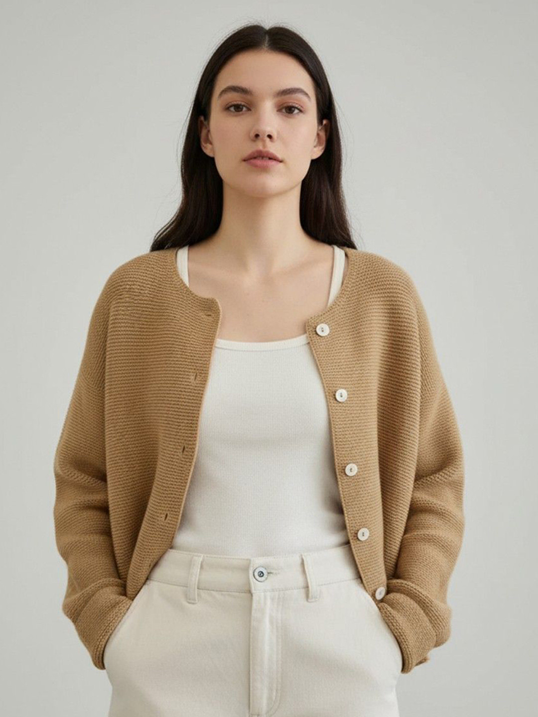 all about you Women Beige Cotton Long Sleeves Cardigan