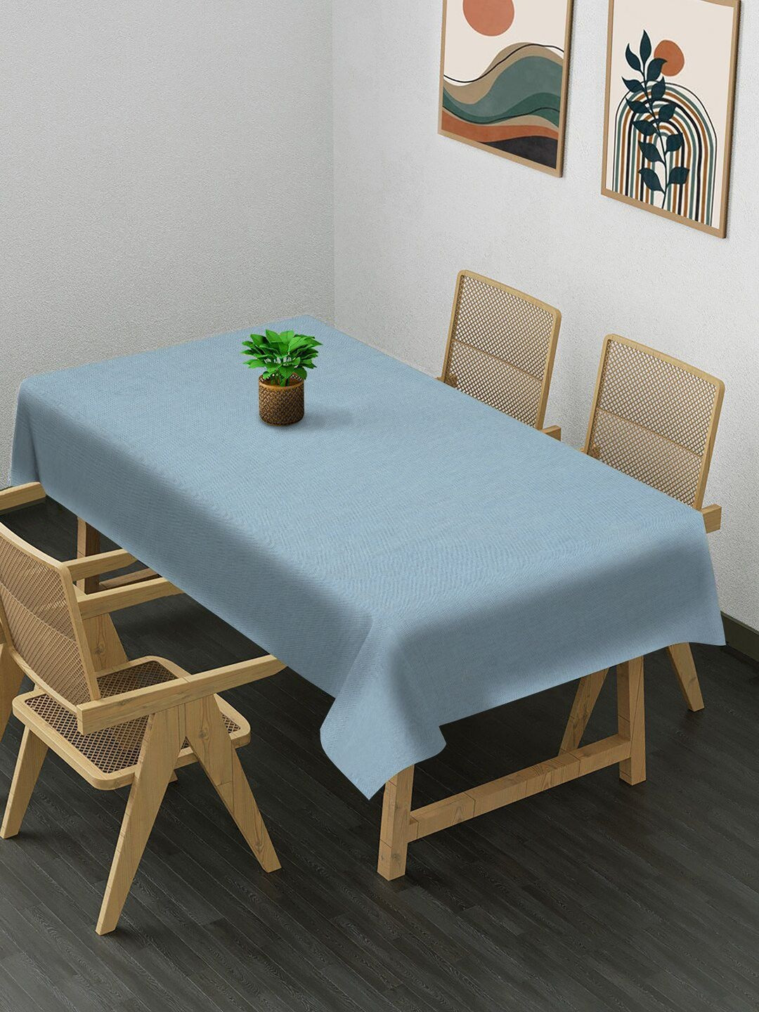 KLOTTHE Blue & White Cotton 6-Seater Rectangle Table Cover With Embellished details