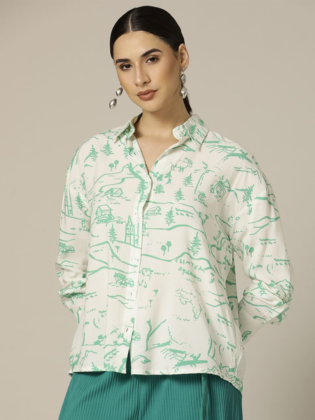Paper Cut Oversized Spread Collar Graphic Printed Casual Shirt
