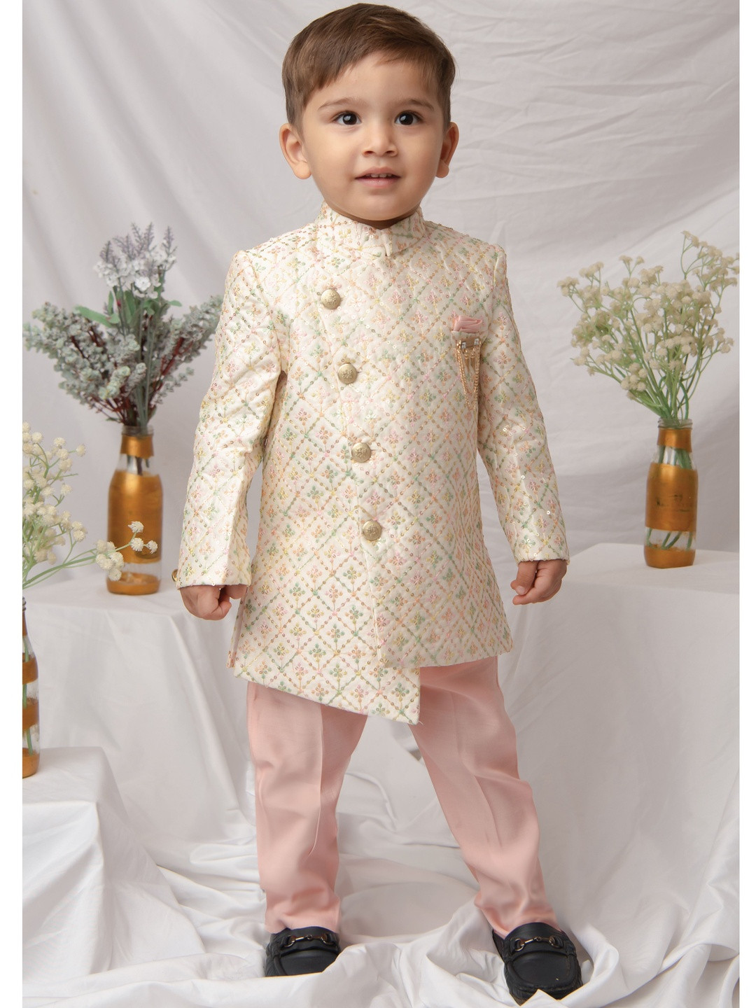 LITTLE COLLARS Boys Sequins Embellished Sherwani With Pyjama & Brooch
