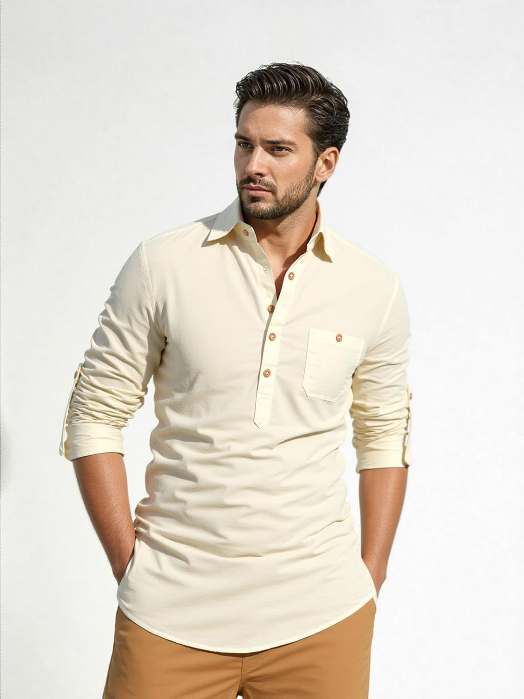 KNOWTED Shirt Collar Roll-Up Sleeves Straight Short Kurta