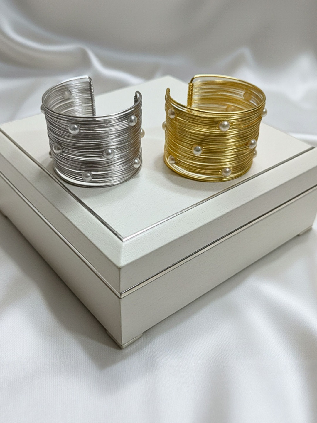 MANSIYAORANGE Set Of 2 Gold & Silver-Plated Pearls Beaded Cuff Bracelets