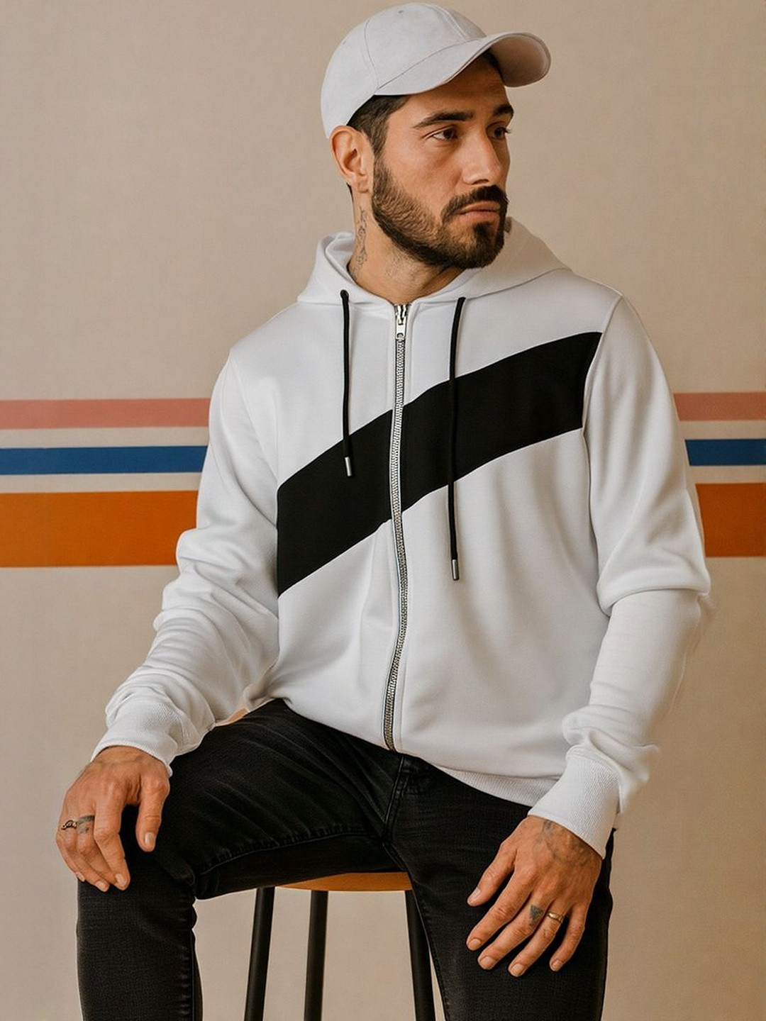 Try This Men Colourblocked Hooded Open Front Sweatshirt