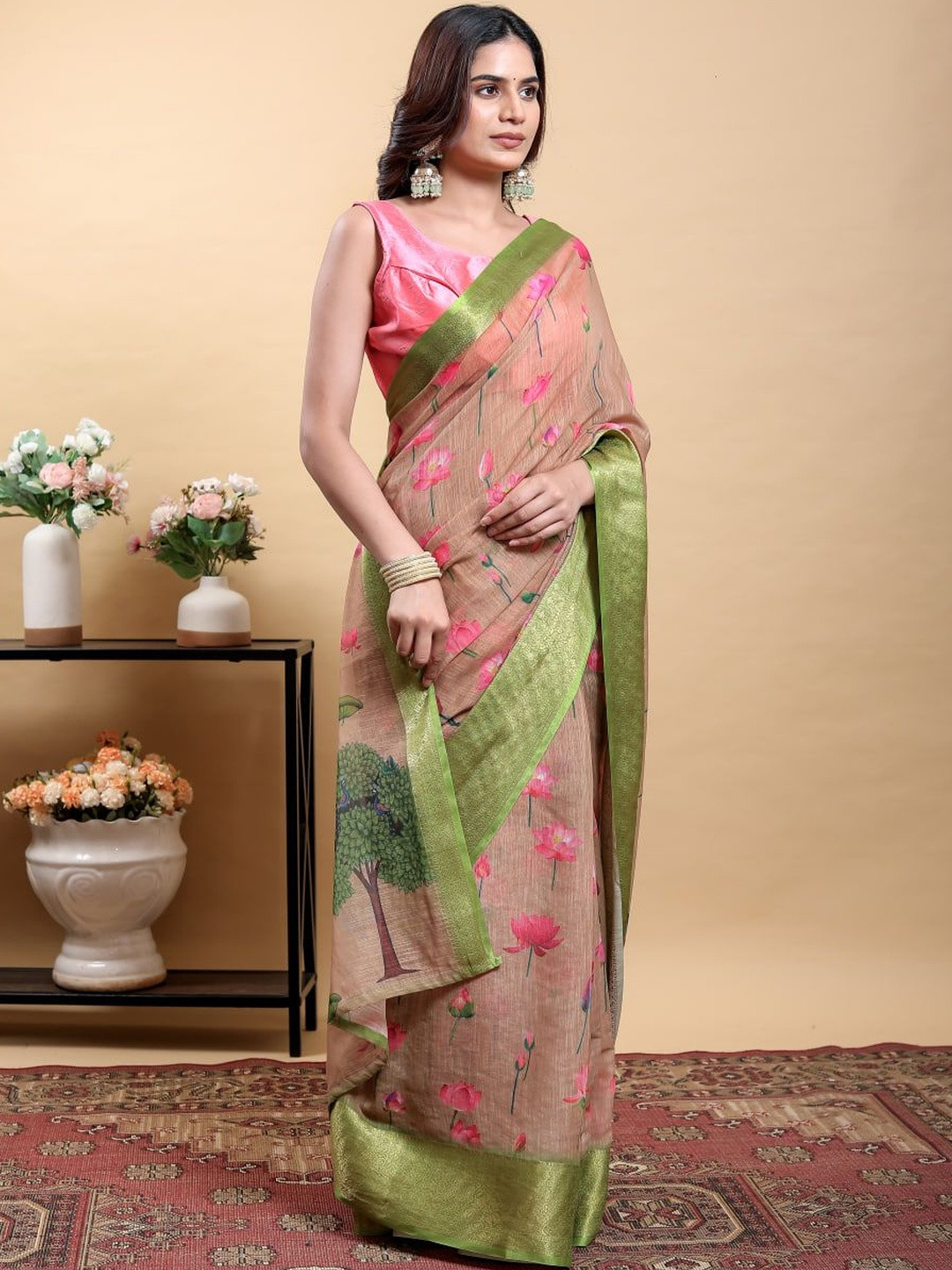 GOHILL ENTERPRISE Floral Pure Linen Handloom Saree