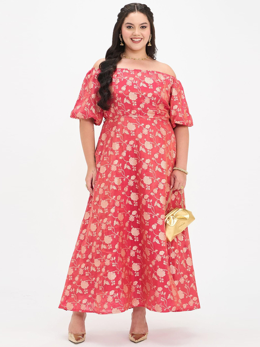 Virgio Women Brocade Viscose Off-Shoulder Short Sleeves Plus Size Dresses