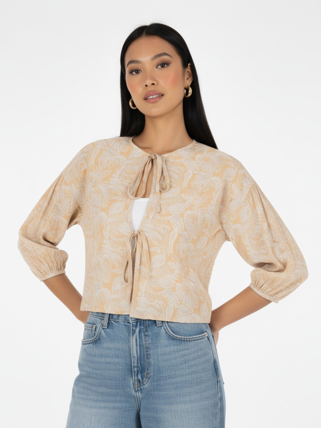 glitchez Textured Floral Print Tie-Up Neck Top