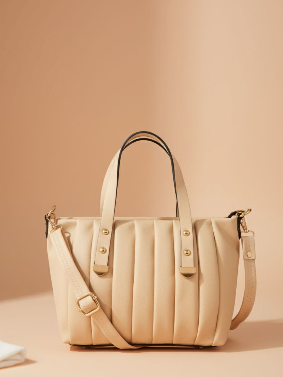 Flingo Beige Pleated Adjustable Strap & Gold Accents Handbag