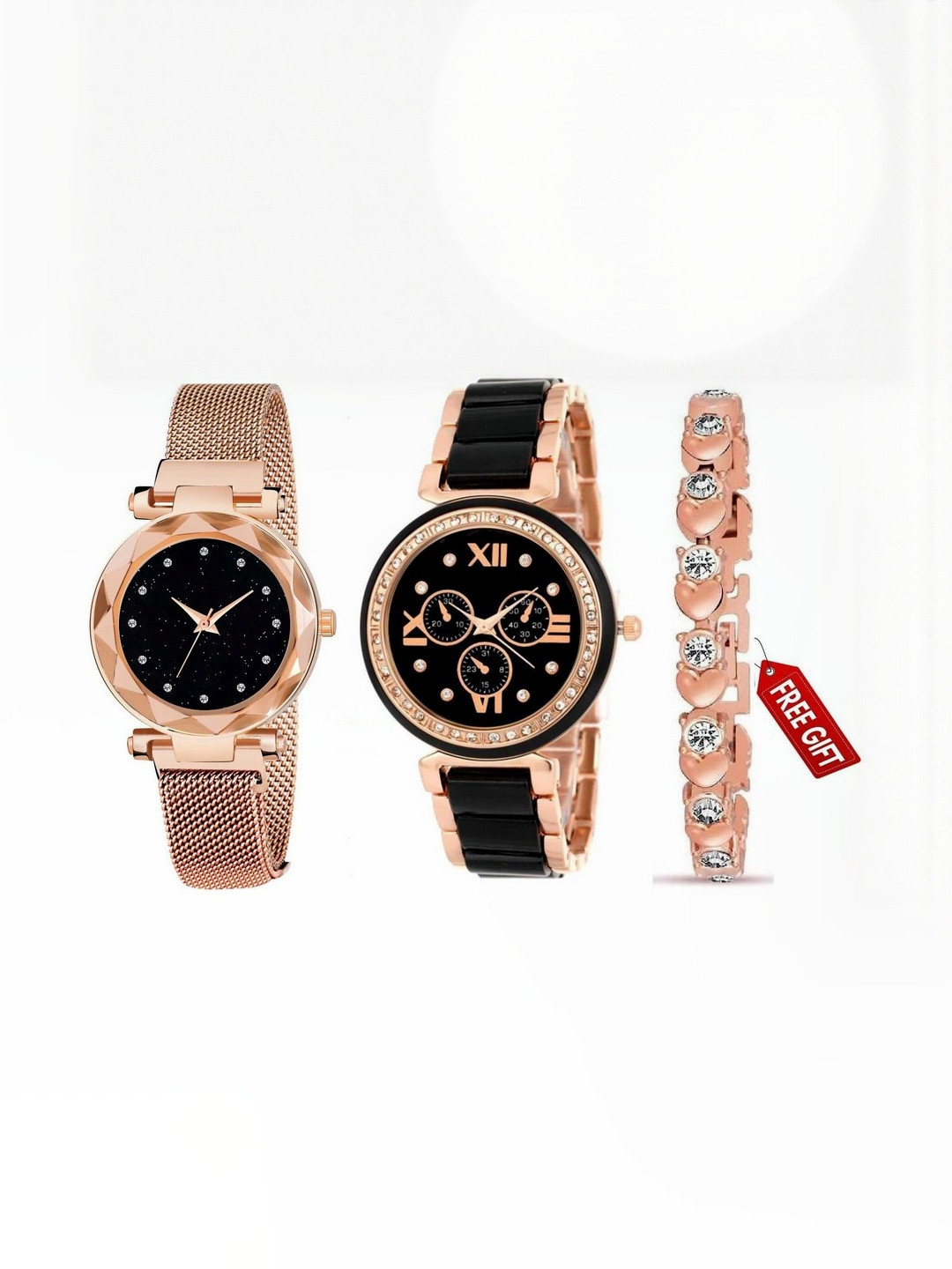 WATCHSTAR Women Analogue Watch Gift Set New Mag Gold& Mina Blk&BR Gold -V