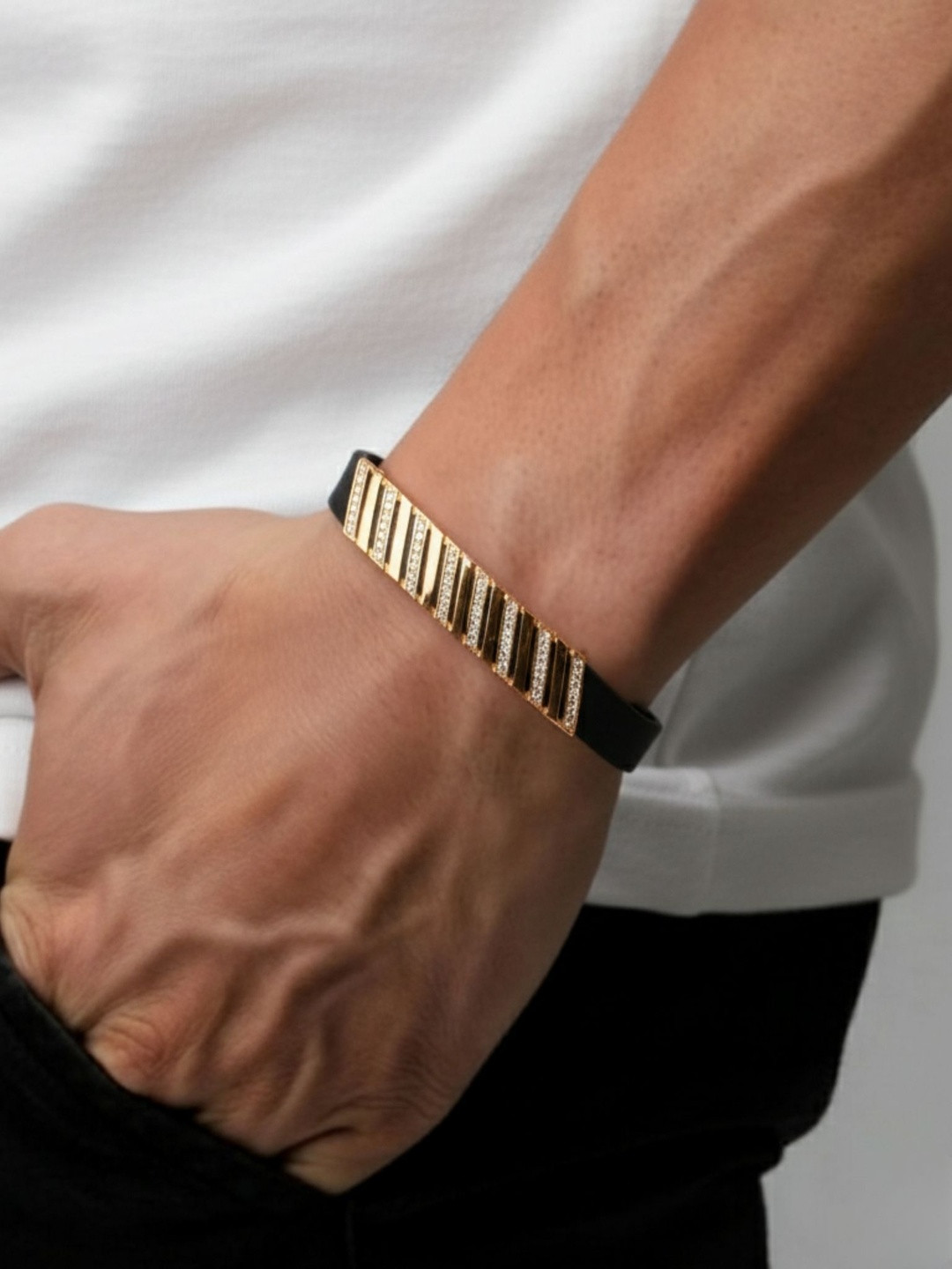 Jewelry Miguel Men Stainless Steel Rose Gold-Plated American Diamond Studded Bracelet