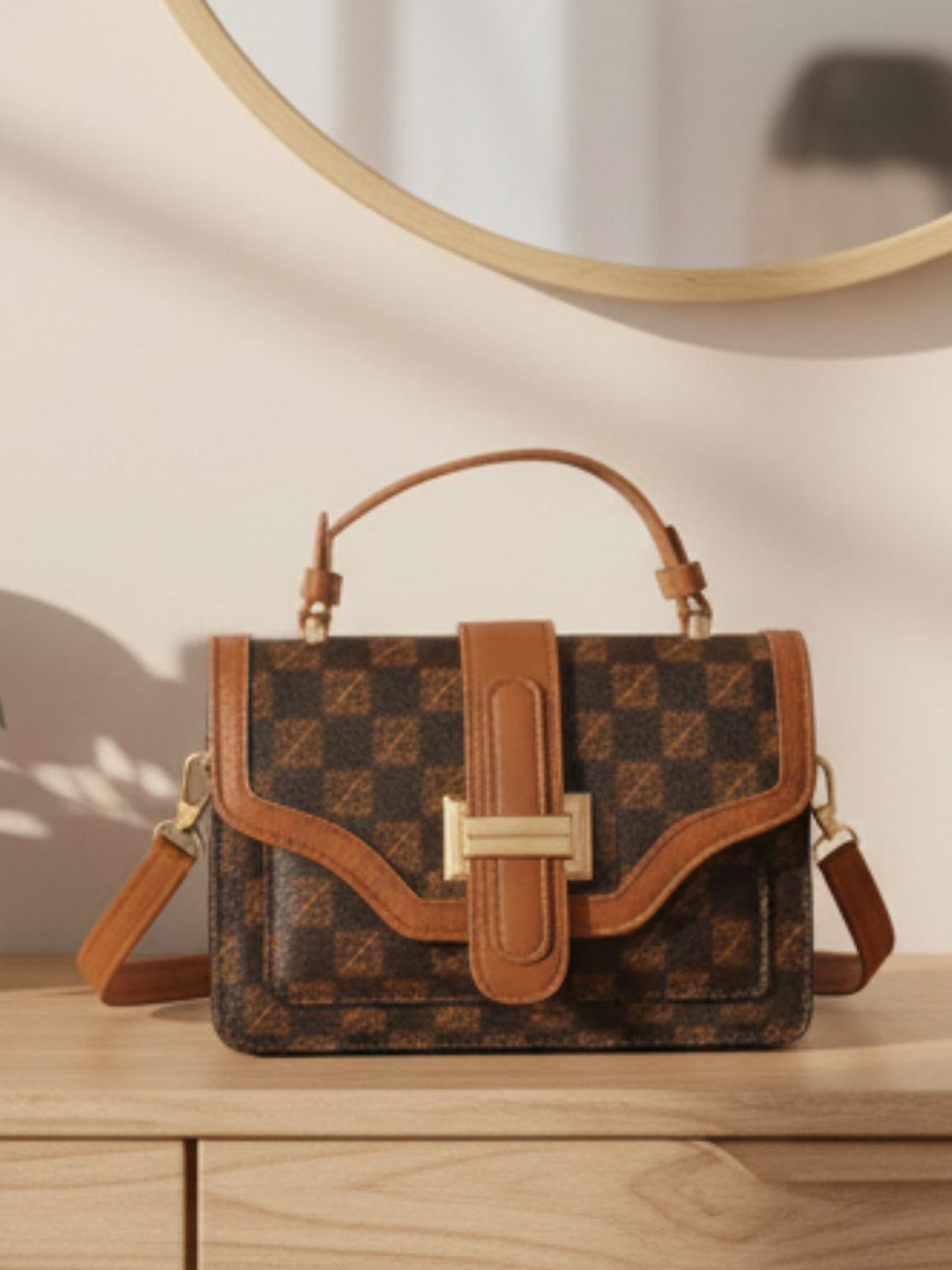 Flingo Checkered Monogram Satchel Handbag with Tan Leather Strap & Gold Clasp