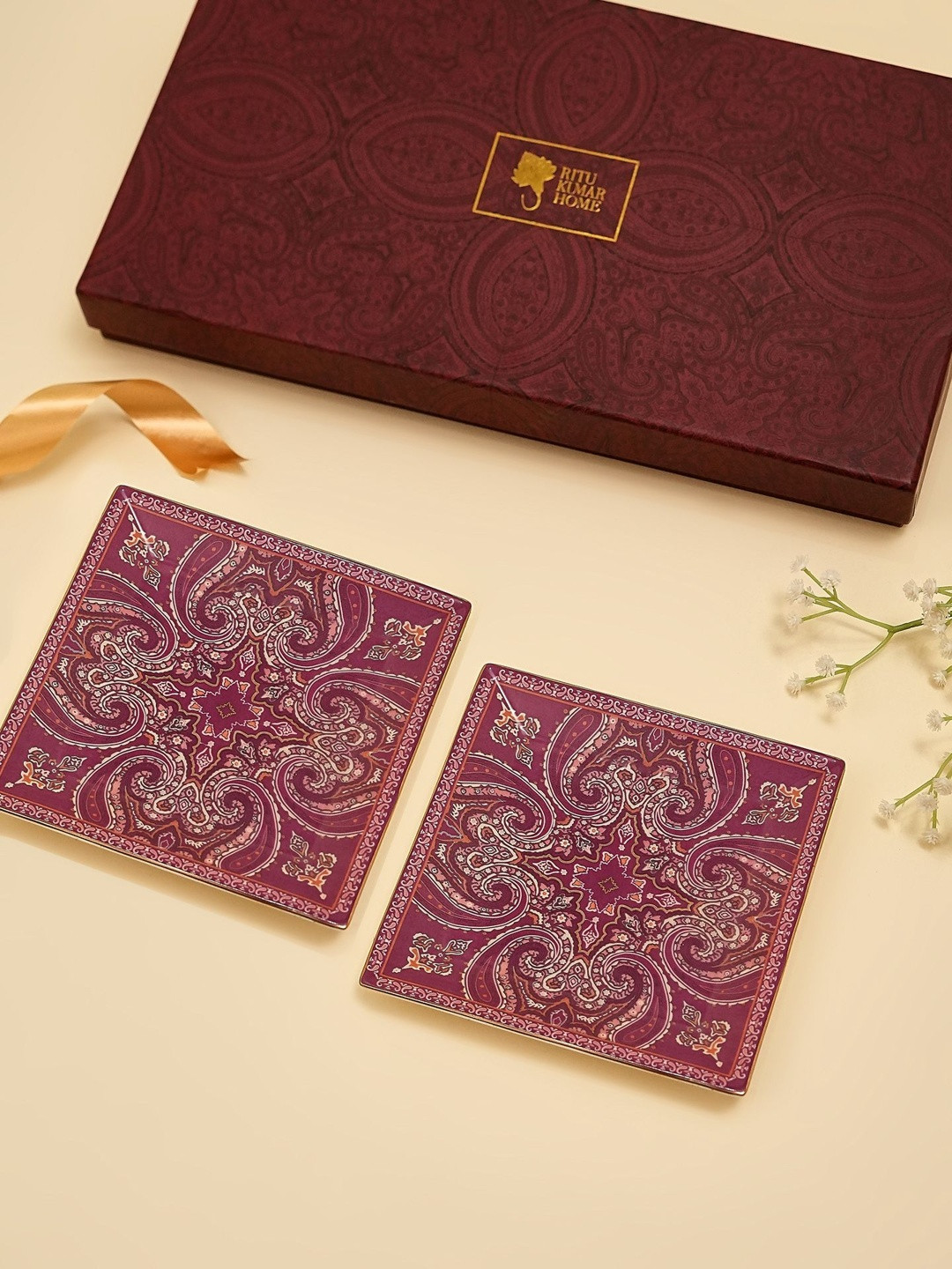 Ritu Kumar Fuchsia 24K Gold Pleated 2Pc Small Platter