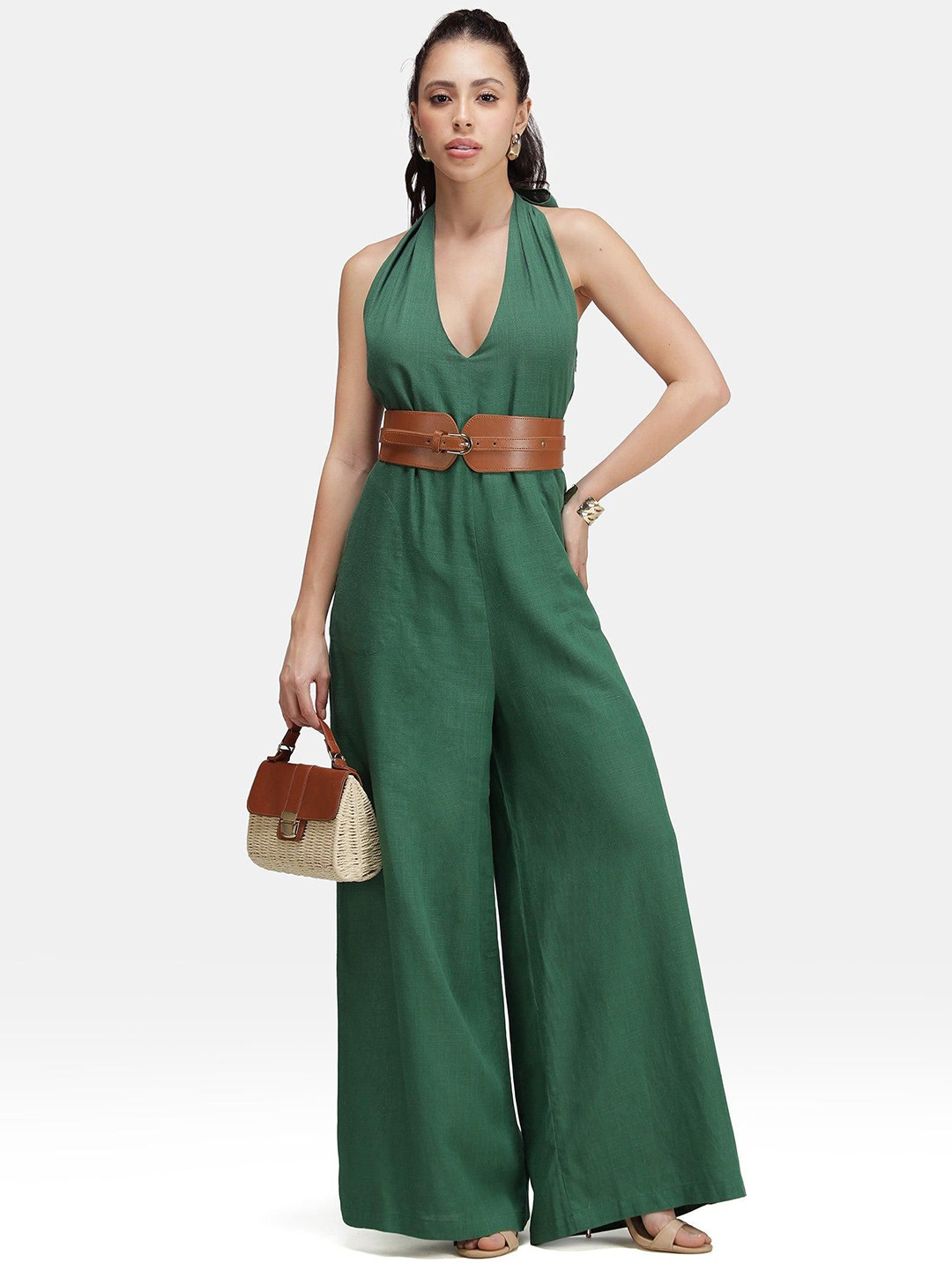 Virgio Women Viscose Backless Halter Neck Regular Fit Jumpsuit