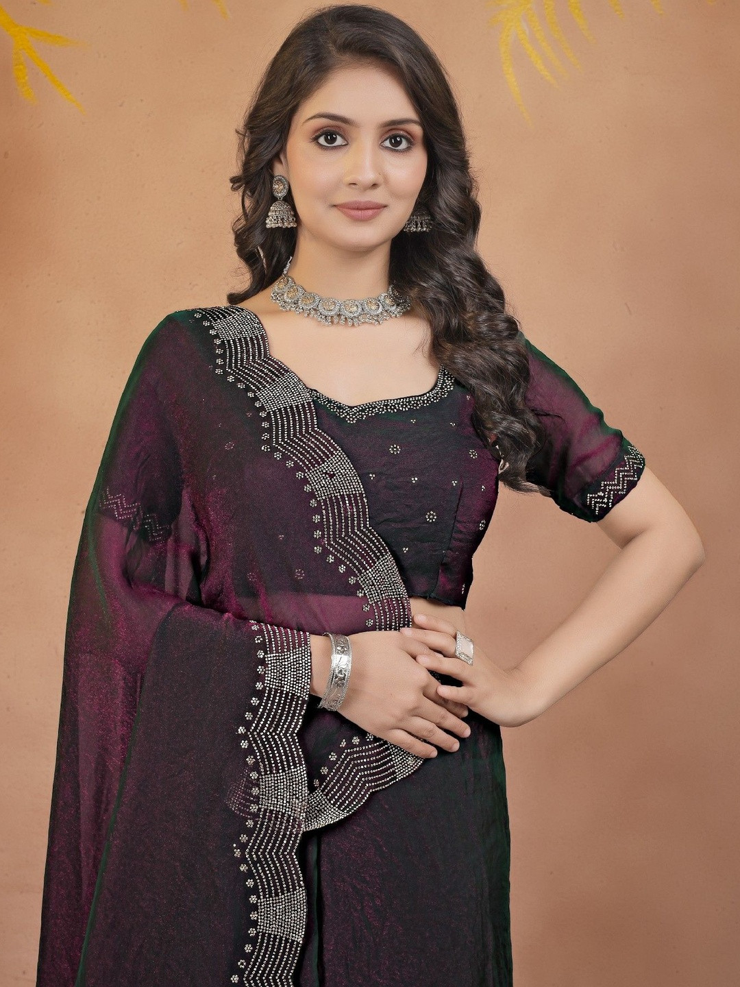 LDF studio Embellished Beads and Stones Tissue Heavy Work Saree