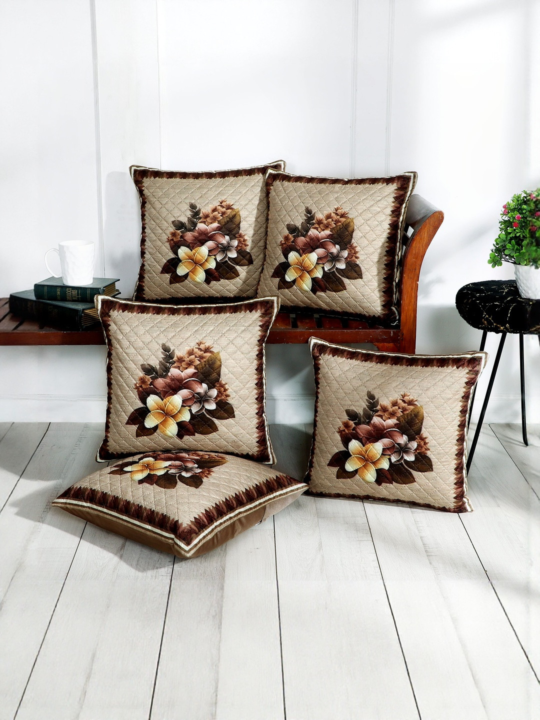 BLUEDOT Brown & Black Floral Velvet 5 Pieces Square Cushion Covers-16 inch x 16 inch