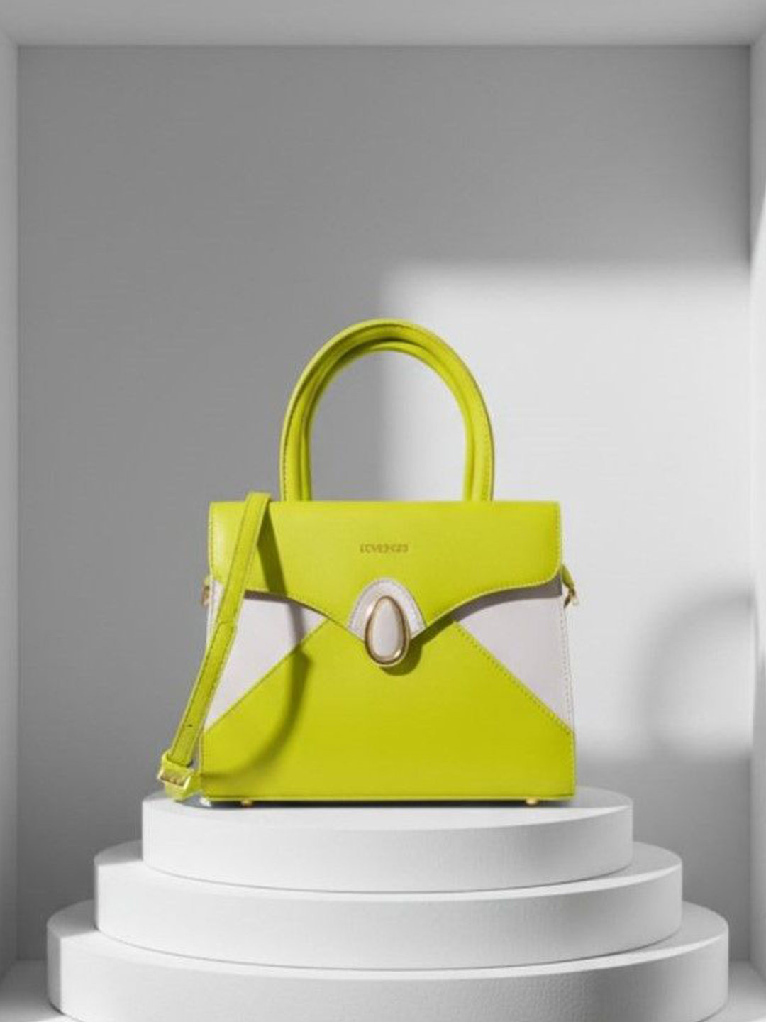 Flingo Yellow & White Structured Handbag with Gold Accent