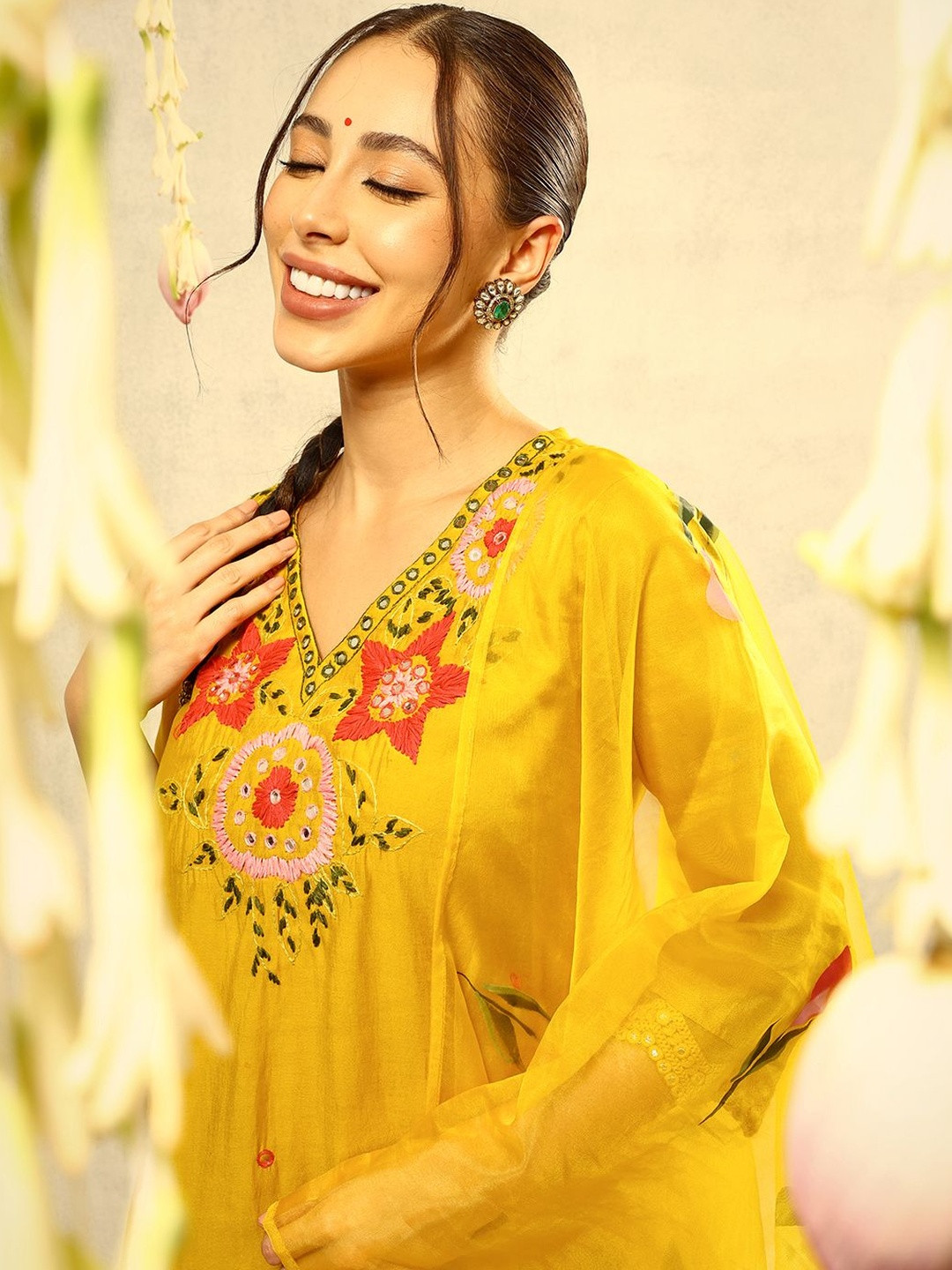 Ishin Mustard Mirror & Thread Embroidered  Festive Kurta With Trouser & Painted Dupatta