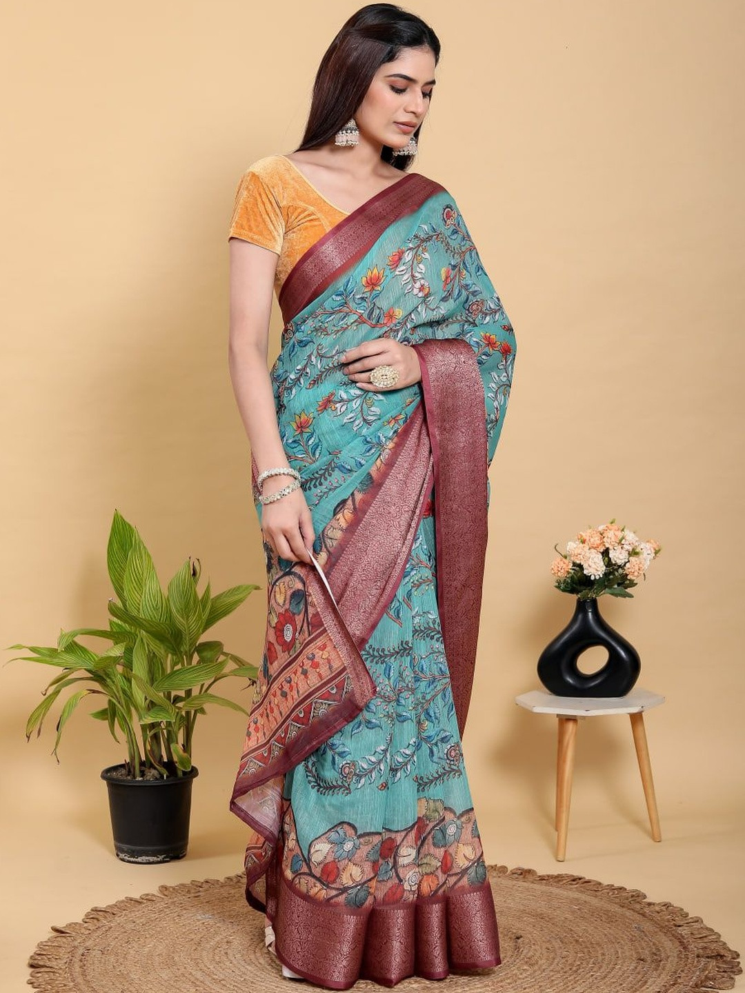 GOHILL ENTERPRISE Floral Pure Linen Handloom Saree