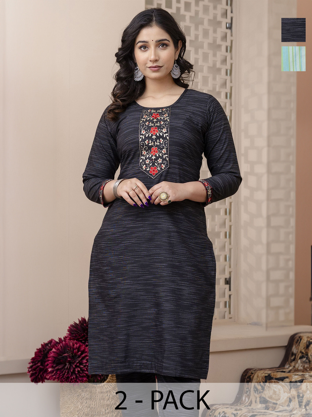 AUZAAI COLLECTION Pack Of 2 Ethnic Motifs Embroidered Thread Work Pure Cotton Kurtas