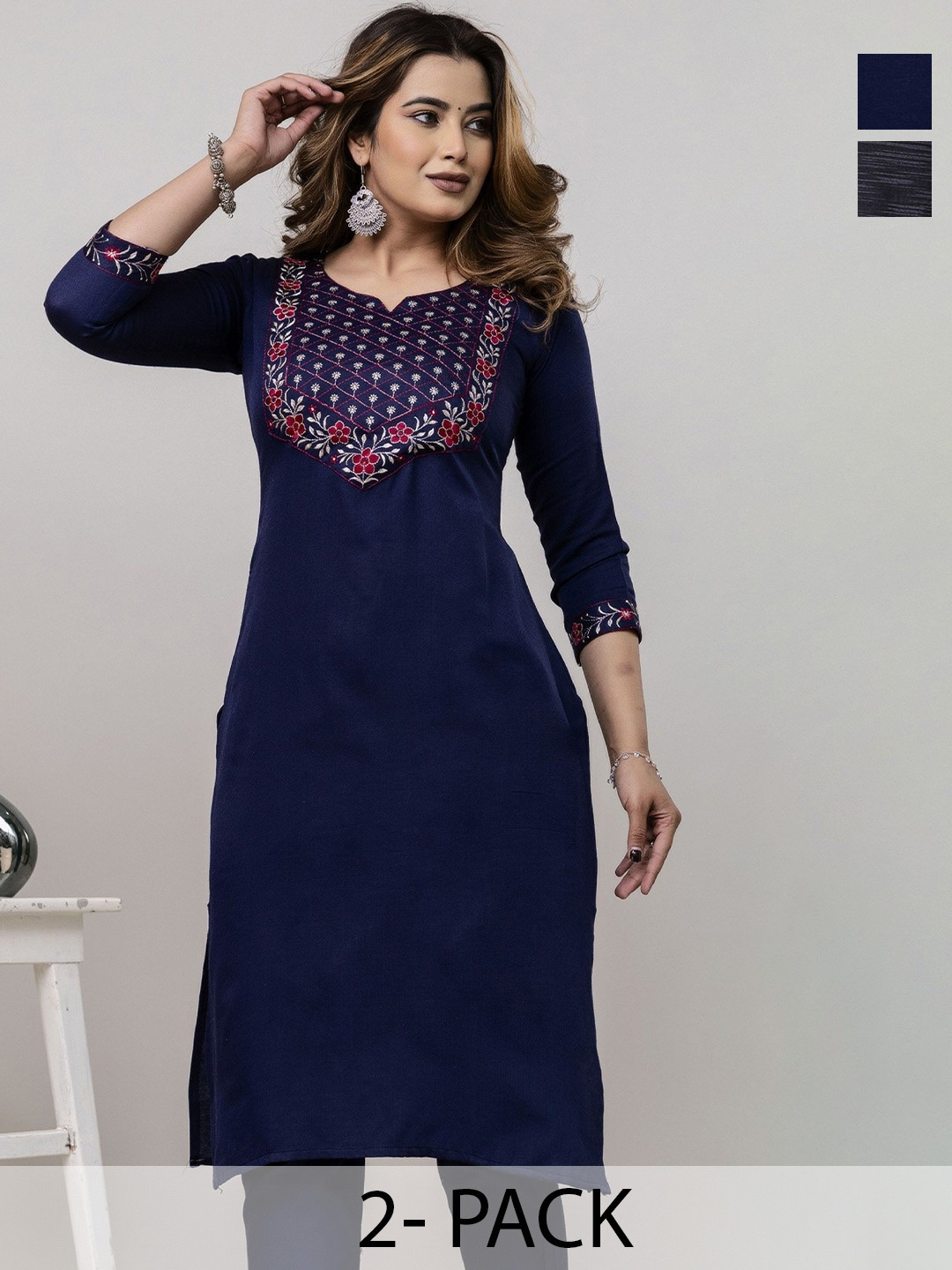 AUZAAI COLLECTIONSelection Of 2 Ethnic Motifs Thread Work Pure Cotton Straight Kurtas