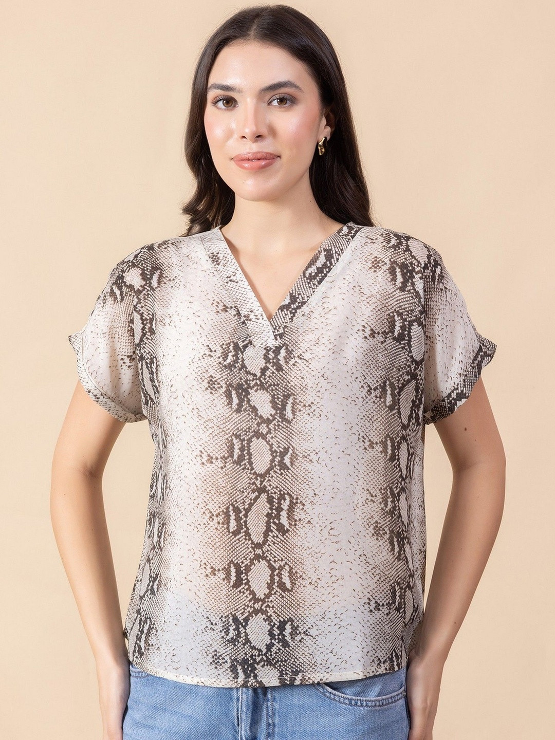 Masami Women's Poly Georgette Animal Print White Top