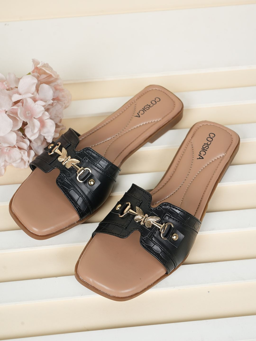 CORSICA Women Textured No Back Strap One Toe Flats With Buckles