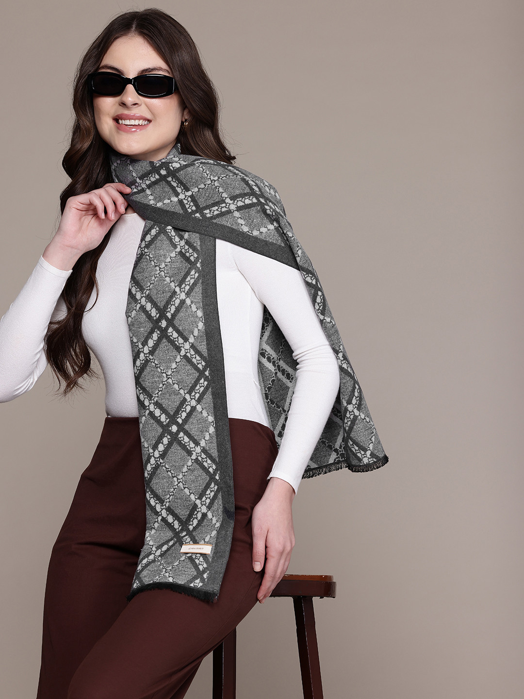 Cayman Geometric Self Design Frayed Scarf