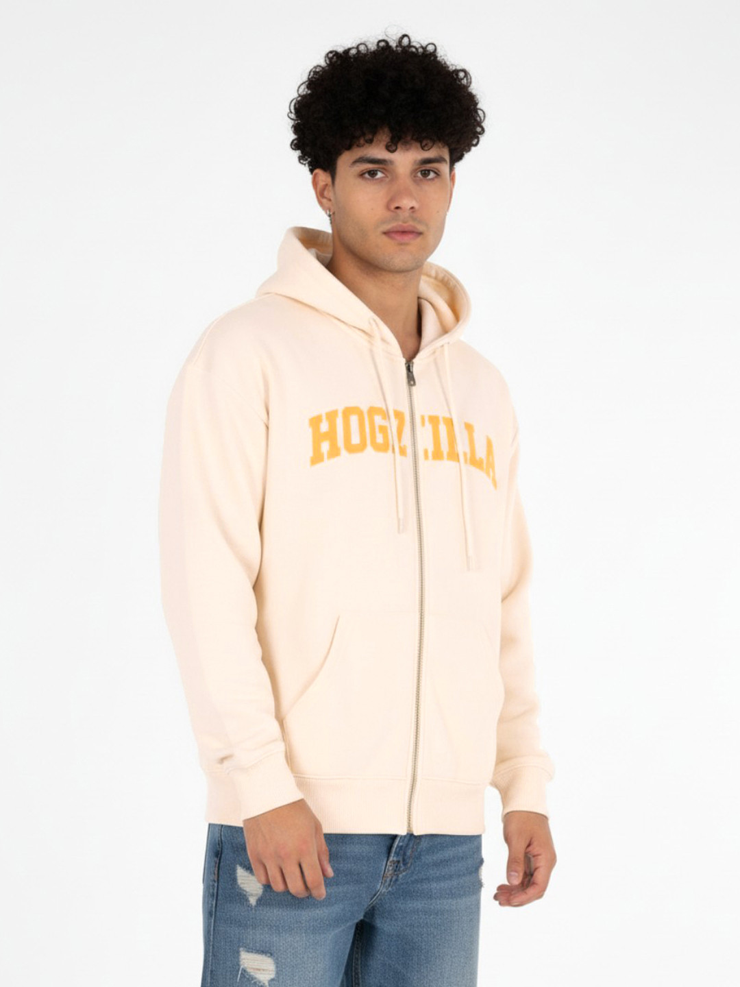 glitchez Typography Printed Drop-Shoulder Front-Open Hooded Sweatshirt