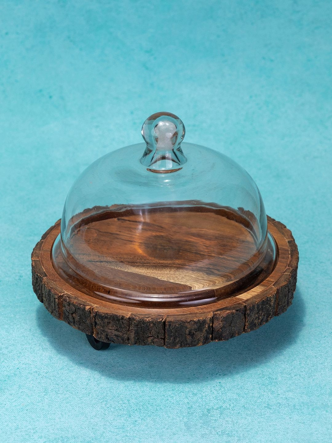 Ireka Homes Unisex Vriksha Acacia Transparent And Brown Wooden Cake Stand With Glass Dome