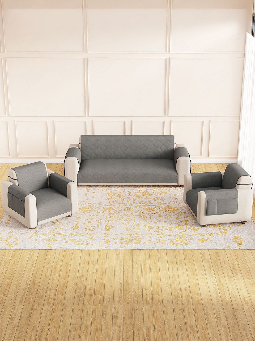 Lukzer Grey Set of 3 Reversible Dot Frame Pattern Quilted 5 Seater Sofa Cover With Arms