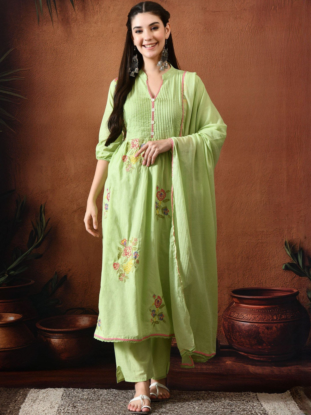 DERAIL  Embroidered Pleated Thread Work Pure Cotton A-Line Kurta With Trousers & Dupatta