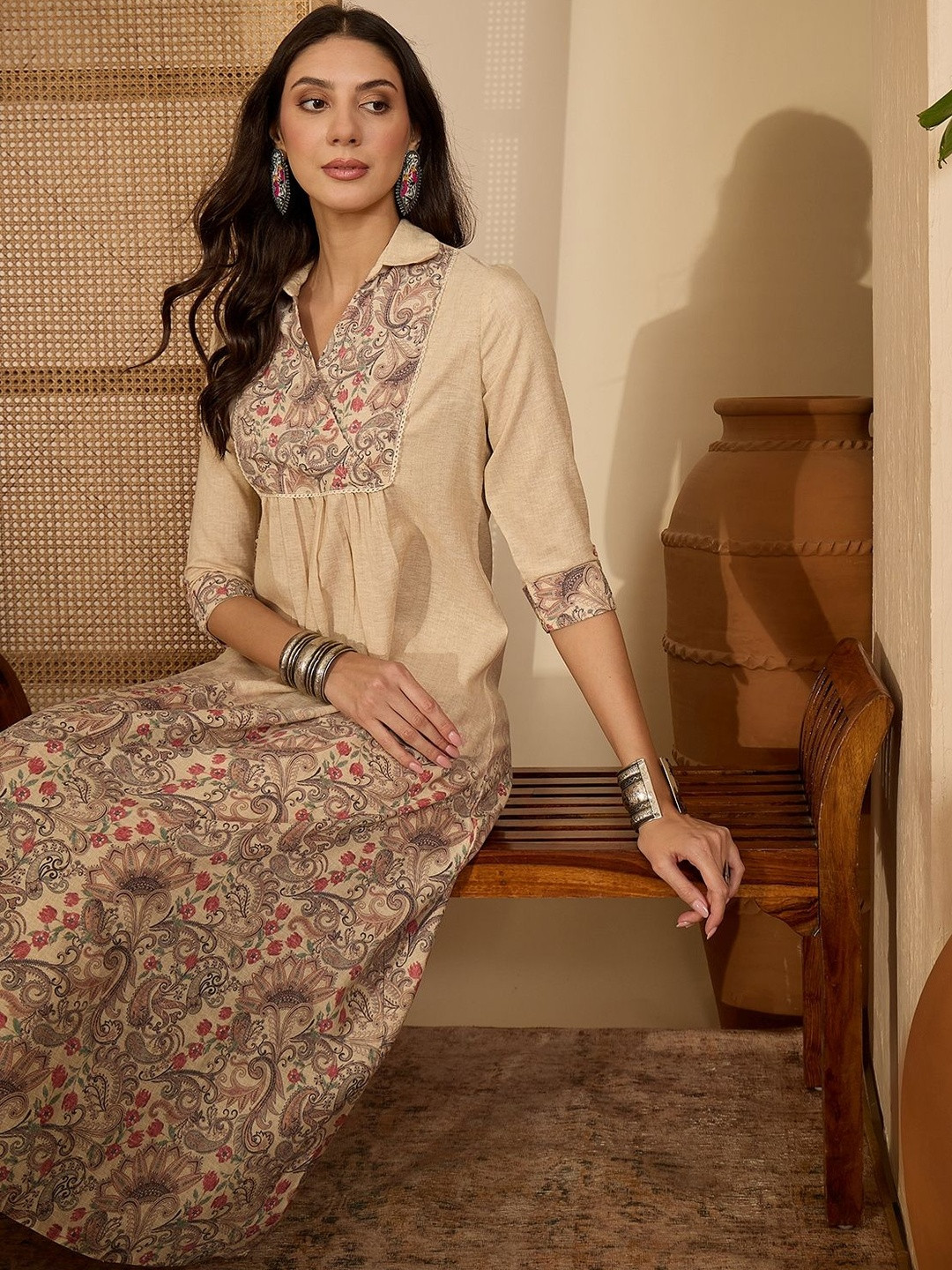 Sangria Floral Printed Shirt Collar Neck A-Line Kurta With Trousers
