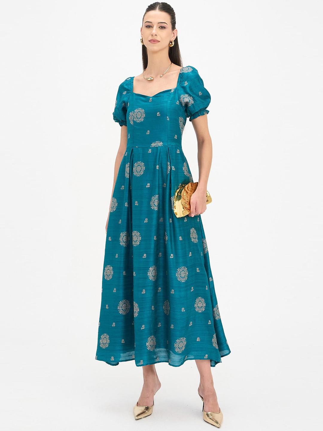 Virgio Women Printed Viscose Sweetheart Neck Short Sleeves Dresses