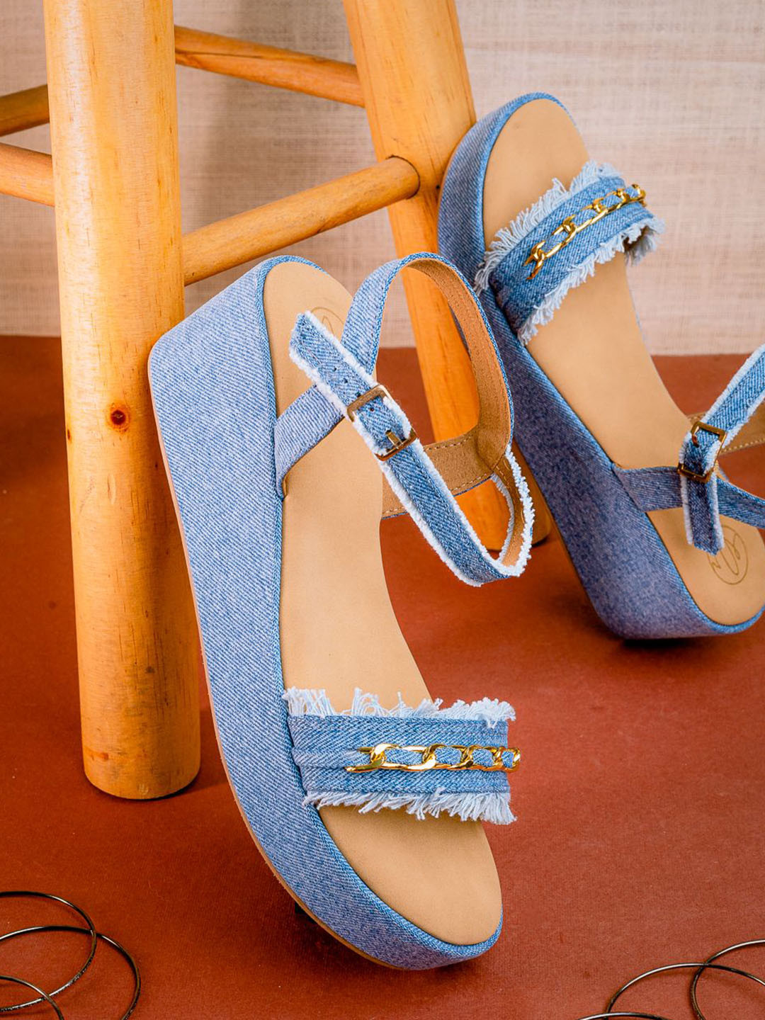 NR By Nidhi Rathi Women Embellished Denim Wedge Sandals With Buckles