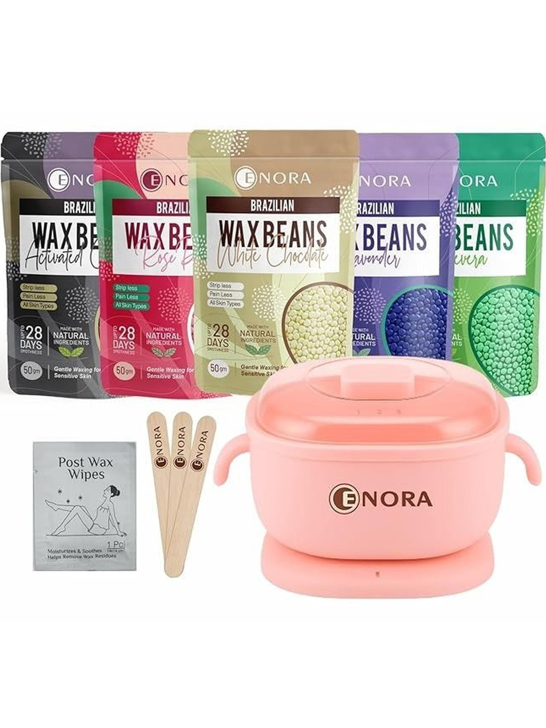 ENORA Set Of 5 Wax Beans - 50 g Each With Heater & Wooden spatulas & Post Wax Wipes