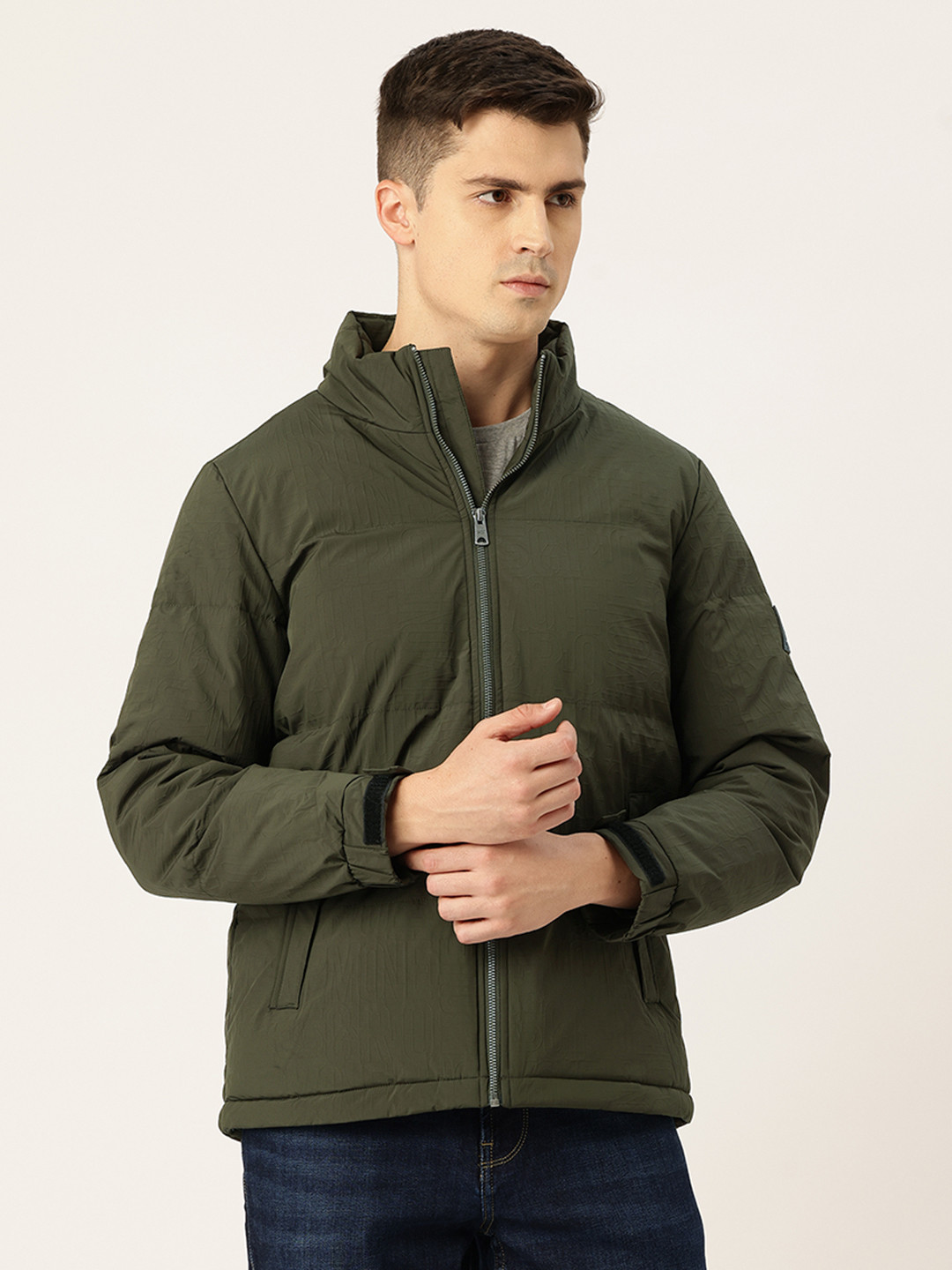 Monte Carlo Self Design Typography Mock Collar Padded Jacket