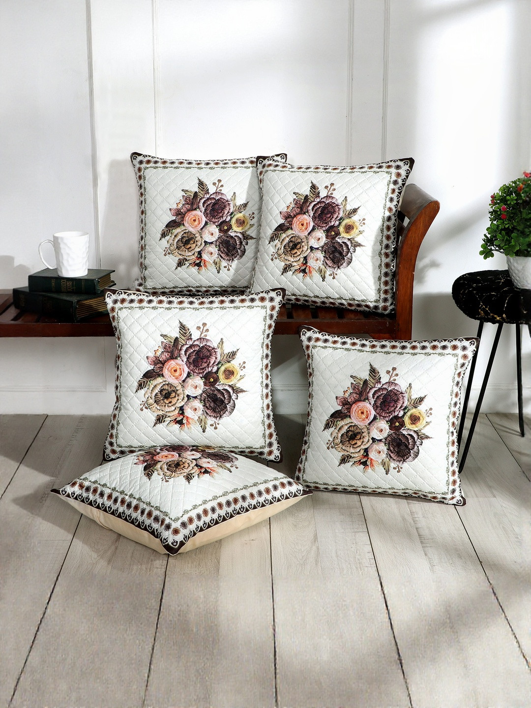 BLUEDOT White & Orange Velvet 5 Pieces Square Cushion Covers-16 inch x 16 inch