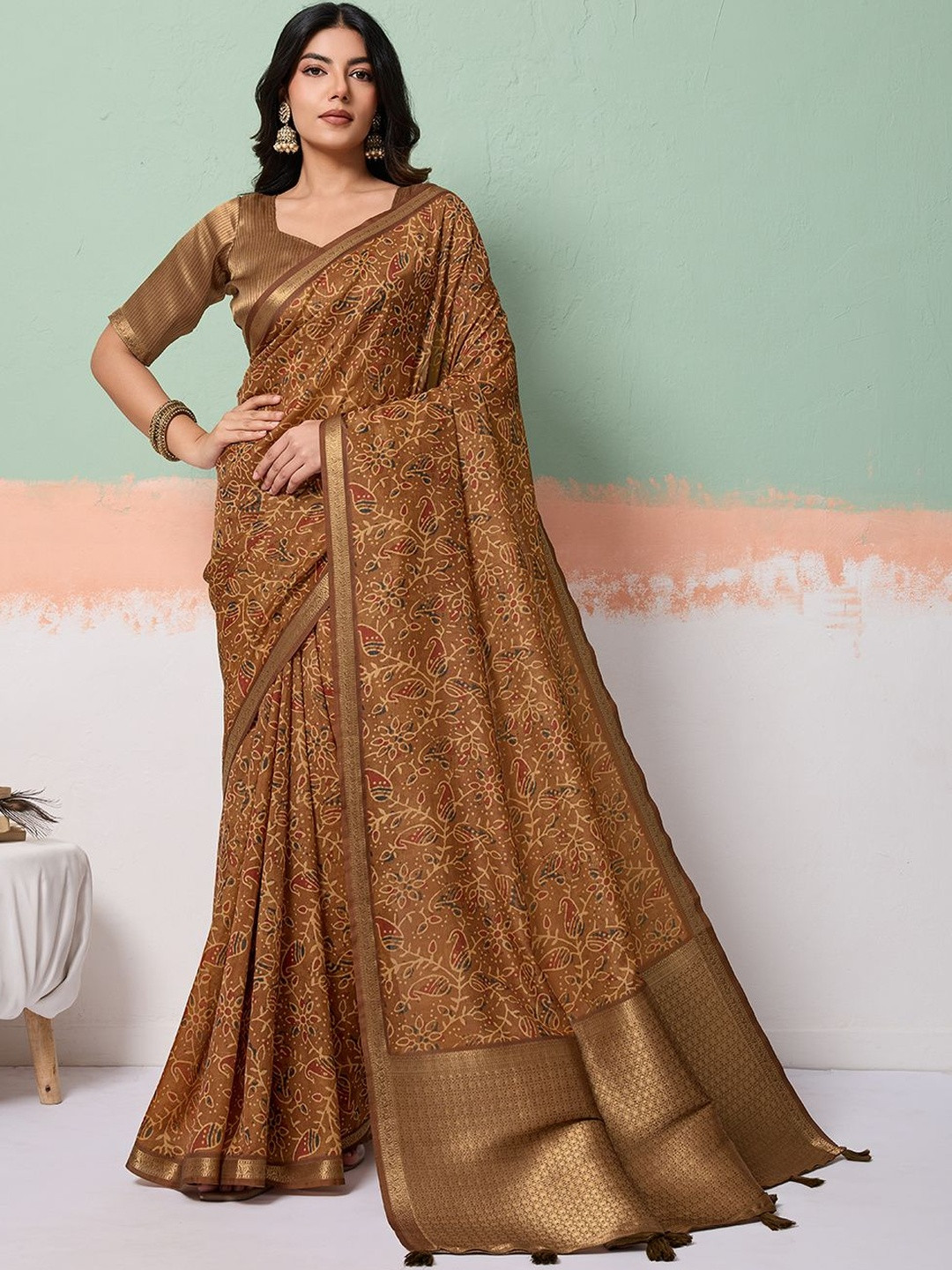 Rekha Maniyar Ethnic Motifs Zari Tissue Handloom Block Print Saree